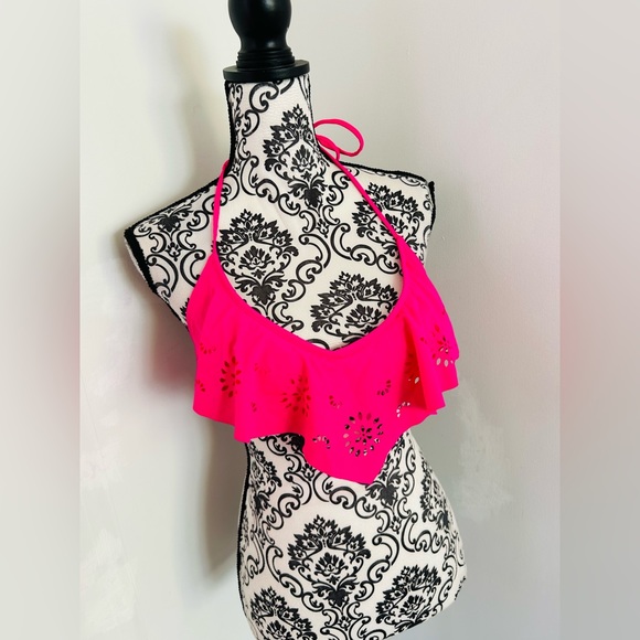 OP Other - Op Women’s Hot Pink Laser Cut Eyelet Ruffle Halter Neck Bikini Top L